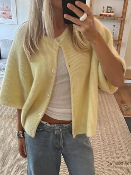 Short Sleeve Button Down Cardigan Crop Top, 5% Cotton 95% Elastane - Picture 2 of 7